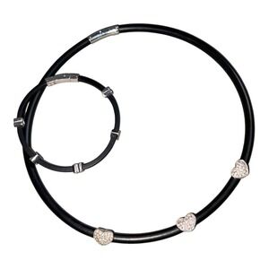 ELITE 18K white gold & diamond heart necklace & bracelet set black rubber